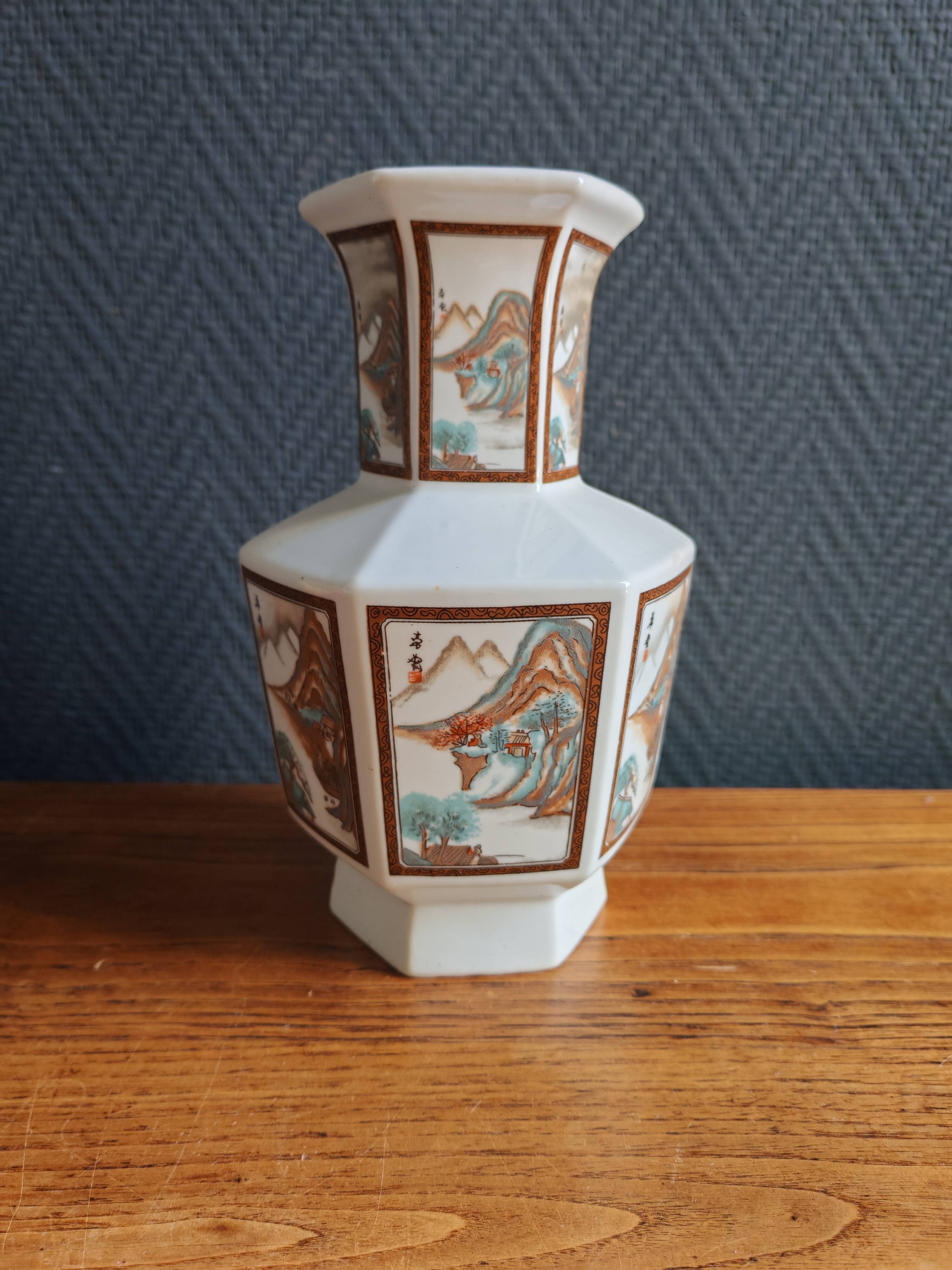 Vintage Hexagonal Japanese Porcelain Vase – Landscape Decoration