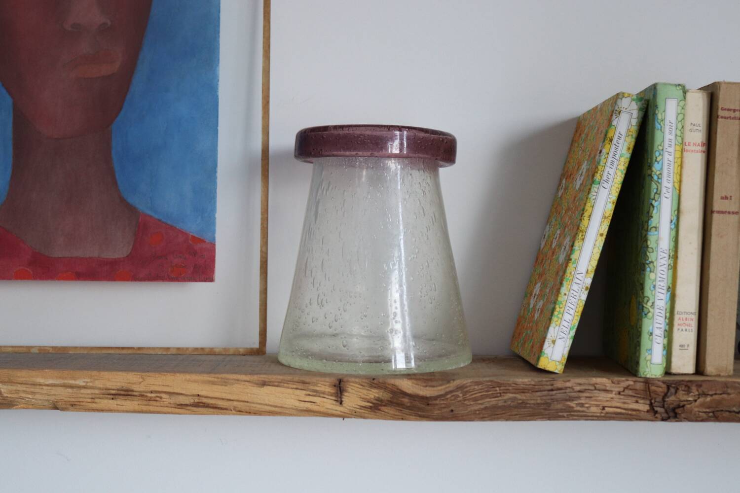 Vintage mauve neck blown glass bubble conical vase