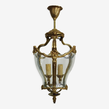 Ancienne lanterne à 3 faces, lustre en bronze doré et verre bombé. Année 60