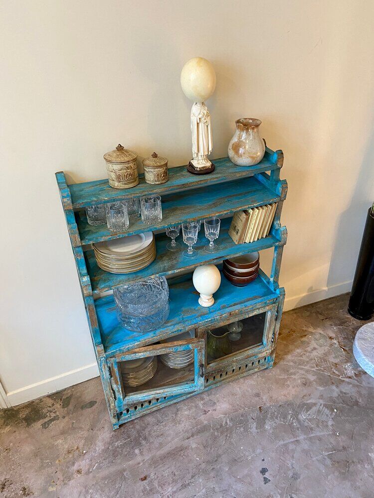 Sideboard 4 shelves and 2 glass doors in blue wood