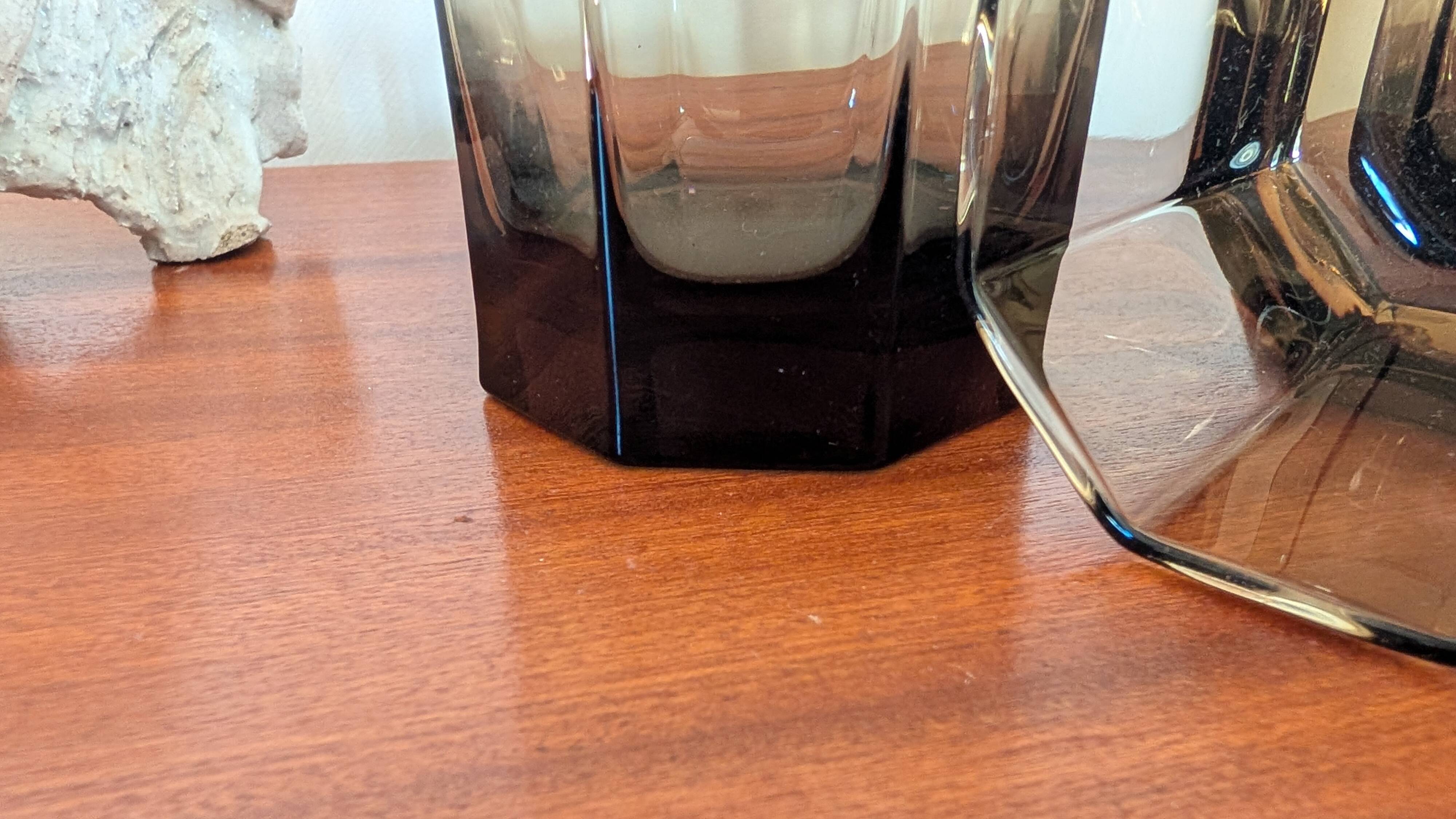Set of three hexagonal smoked glass glasses – 1970s