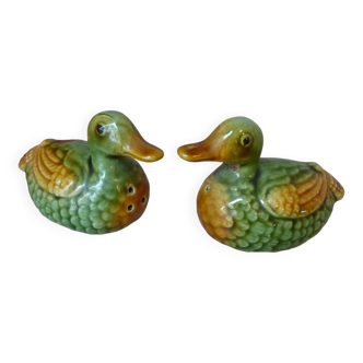 Vintage Green and Yellow Barbotine Duck Salt and Pepper Shaker Set