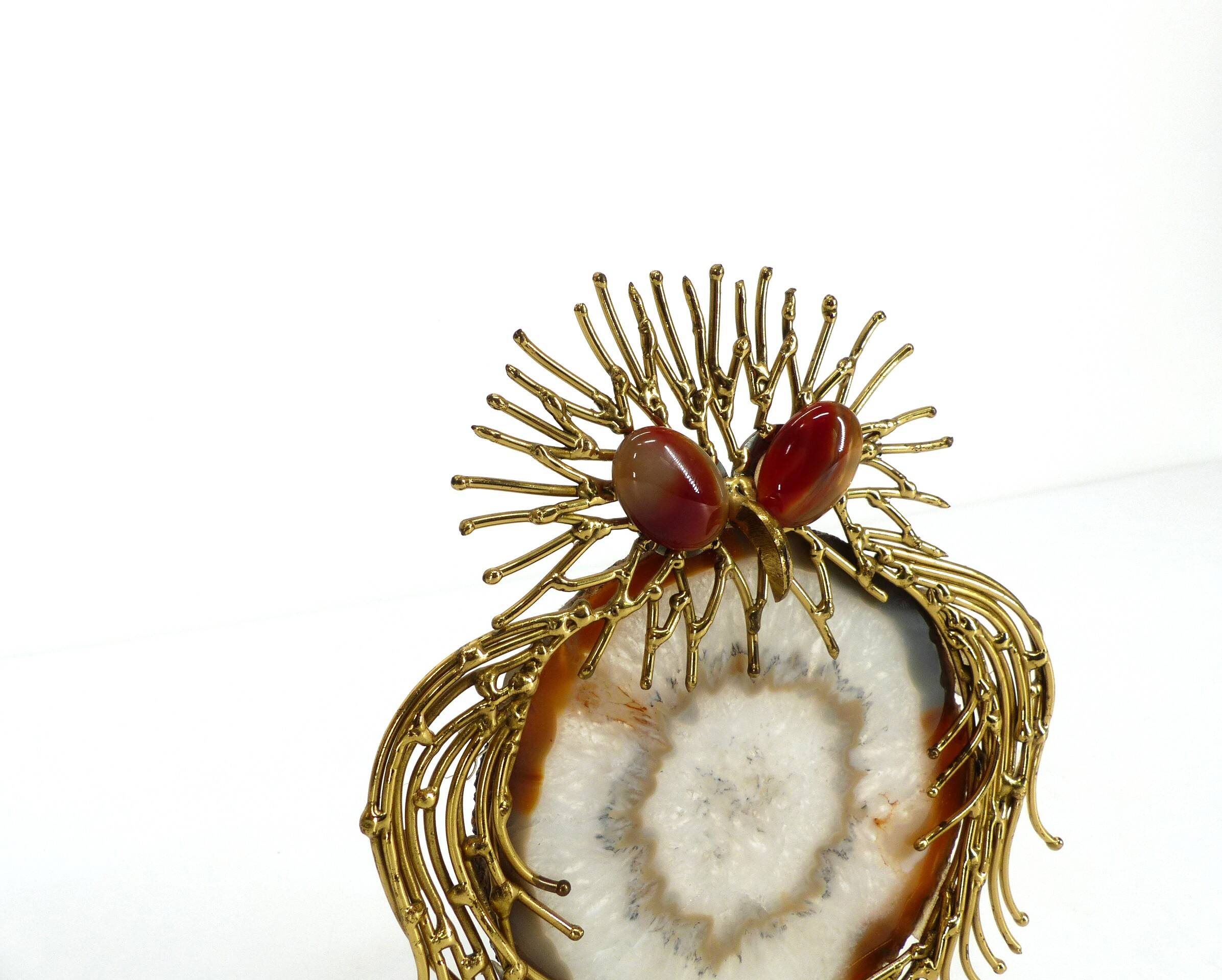 Brutalist owl sculpture in brass and agate 1970