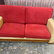 Art Deco 3-seater convertible sofa in genuine beige leather and red fabric from the 1980s.