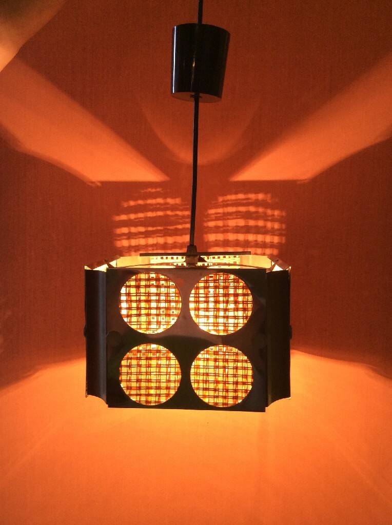 Two square metal chrome cane hanging lamps from the 70s