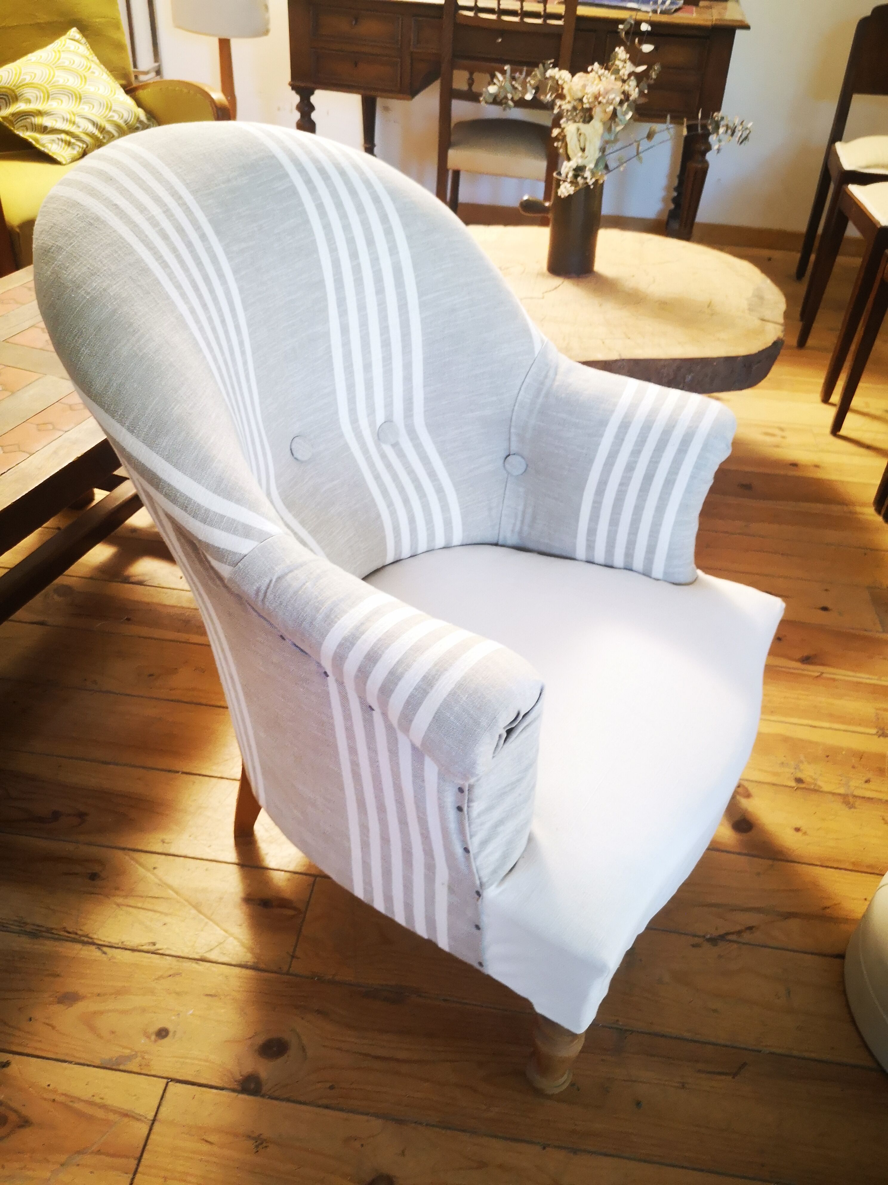 Restored reupholstered toad armchair