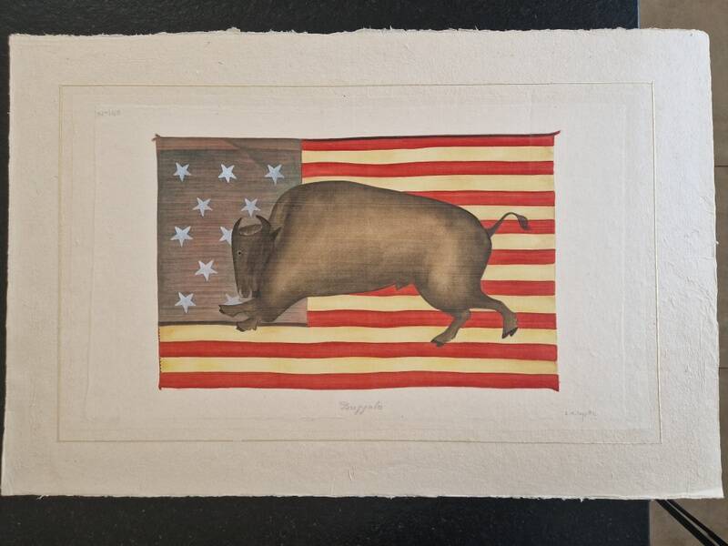 La Roche Laffitte (Born in 1943) - Watercolour drawing on silk - Buffalo
