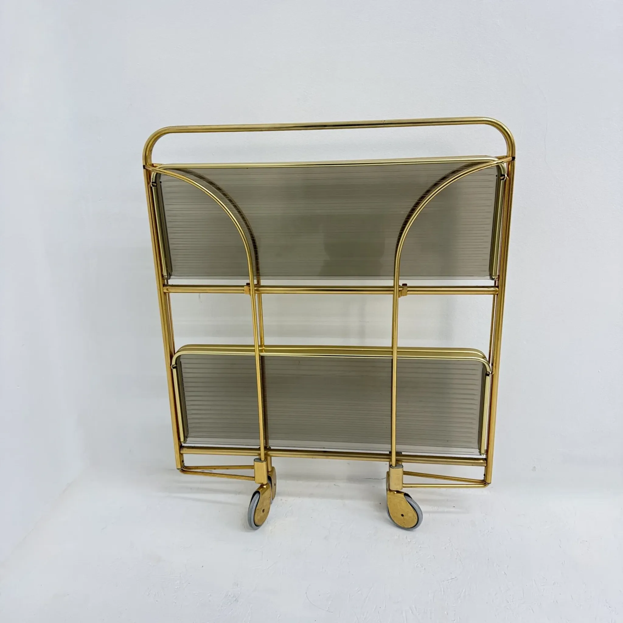 Mid-century modern folding bar cart in brass and ribbed acrylic glass, 1970s