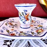 Handcrafted enameled ceramic candle holder signed vintage Rouen style decor