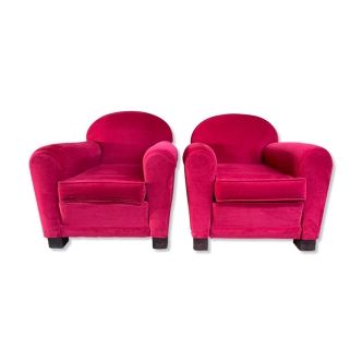 Paire de fauteuils club art déco velours rouge