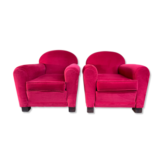 Pair of Red Velvet Art Deco Club Armchairs
