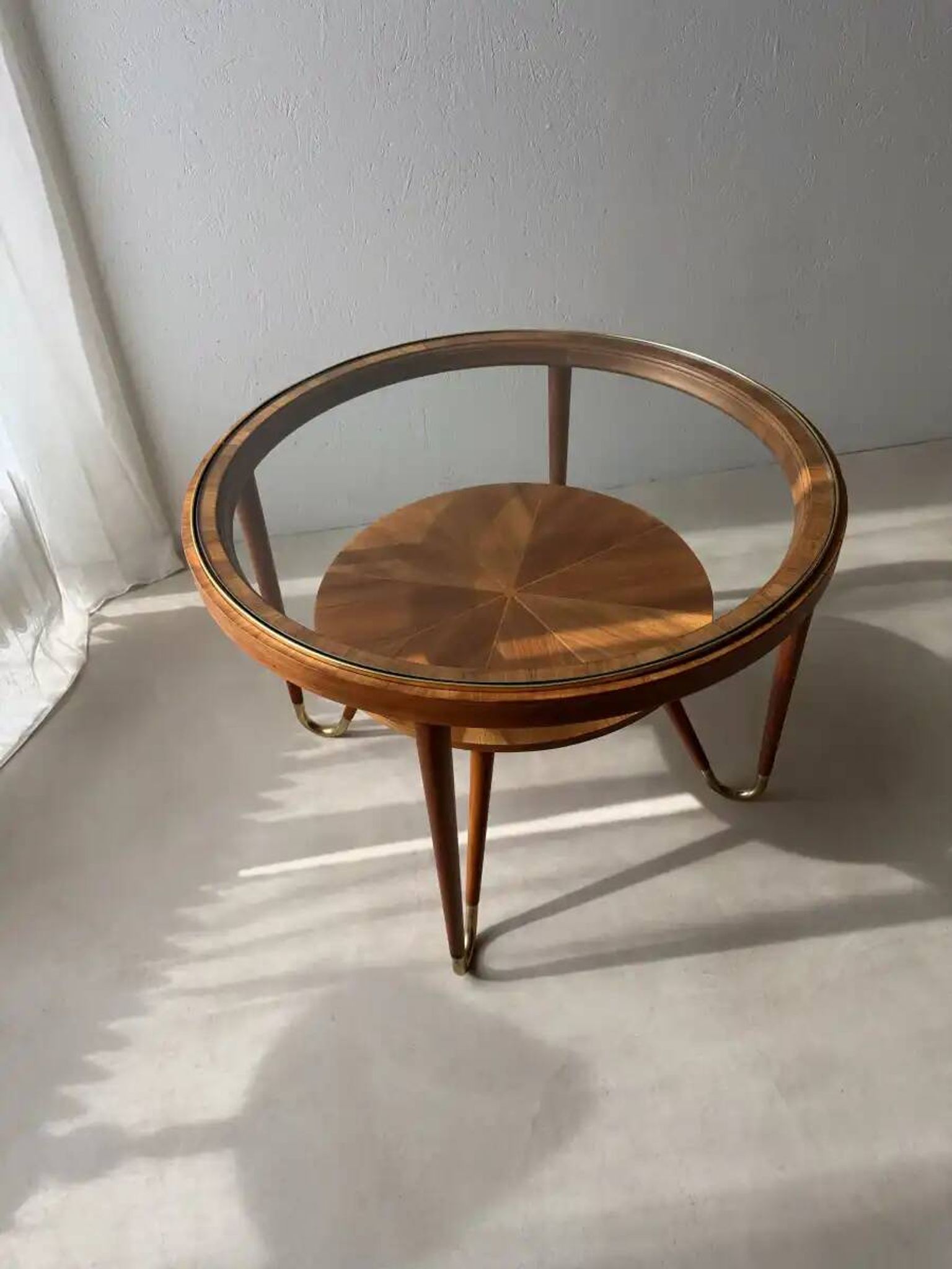 Round walnut coffee table with glass by Ilse Möbel