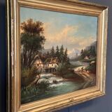 Oil on canvas landscape by a river and mountains in the distance, late 19th century