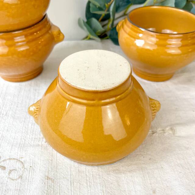 4 lion's head onion soup bowls in vintage ceramic - honey and black, made in France.