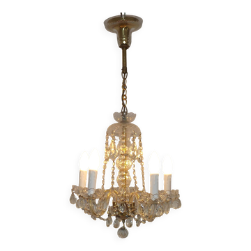 French Vintage Maria Theresa Gold Metal & Glass 5 Light Crystal Chandelier