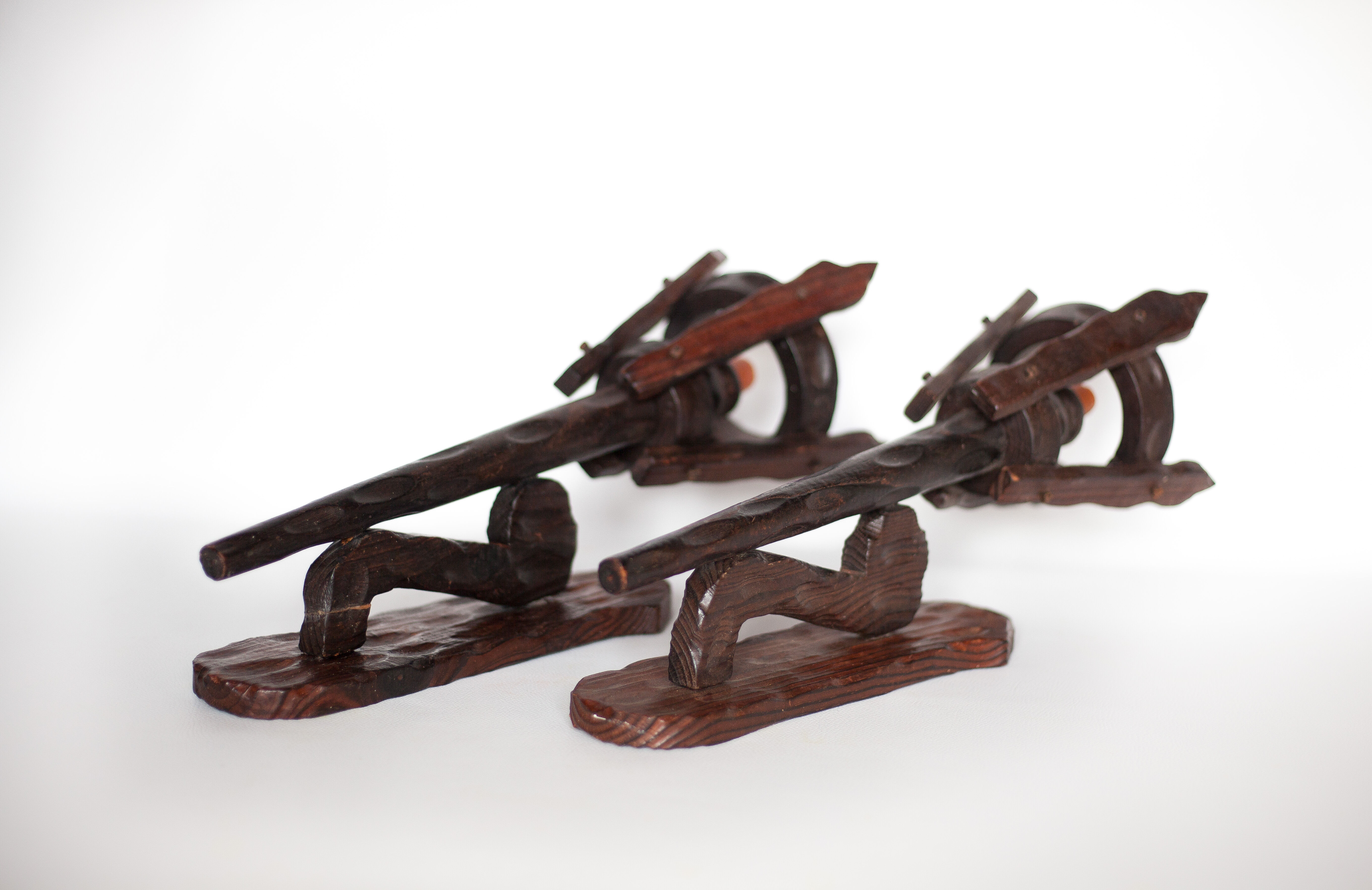 Pair of brutalist wood candle holders