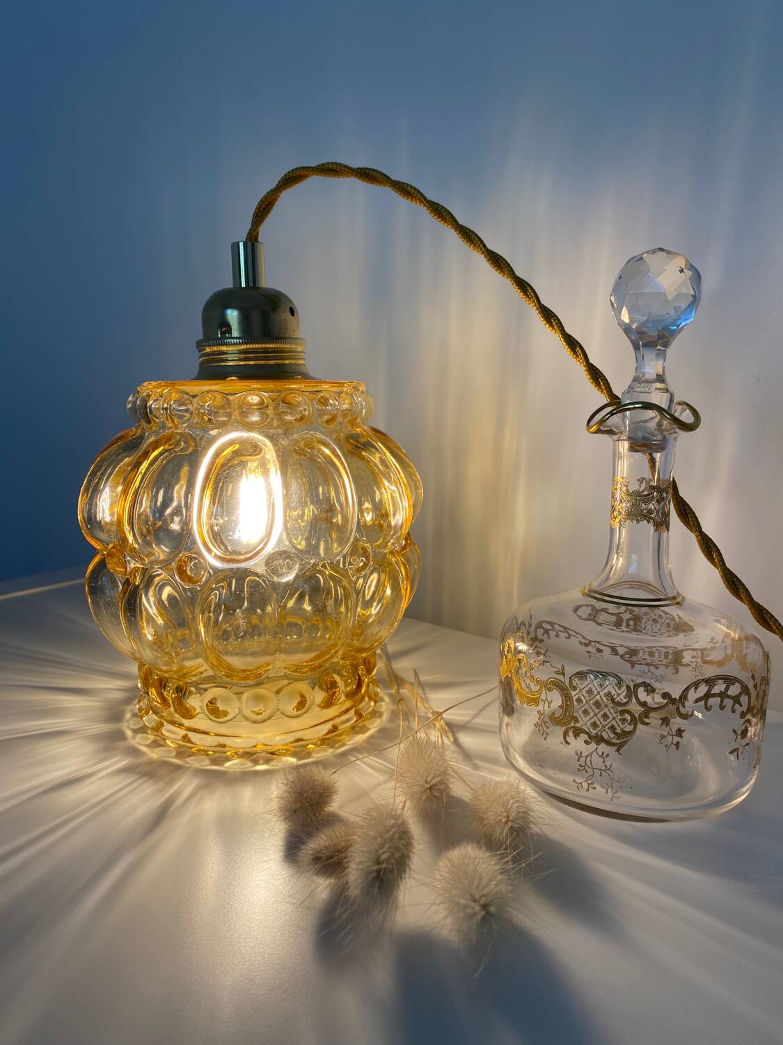 Walking lamp (or pendant light) with vintage amber glass globe