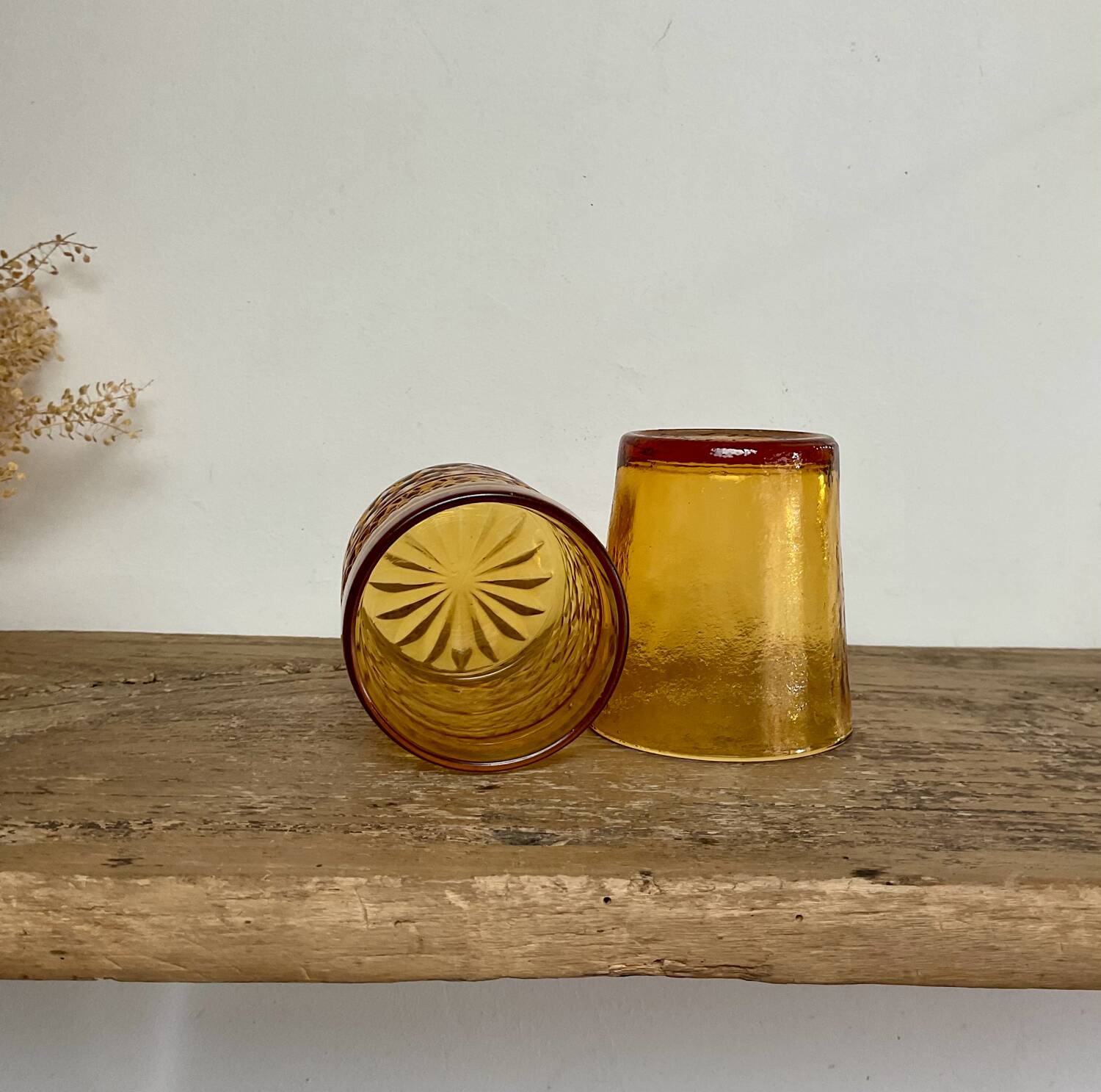 6 mismatched vintage amber glasses
