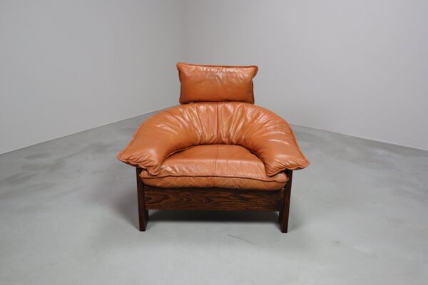 Chaise longue vintage à trois pieds en cuir, rotin et chêne, Pays-Bas