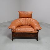 Vintage tripod lounge chair in leather, rattan and oak, Netherlands