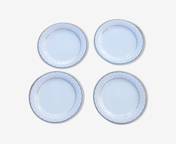 Ensemble 4 assiettes plates blanche et bleu
