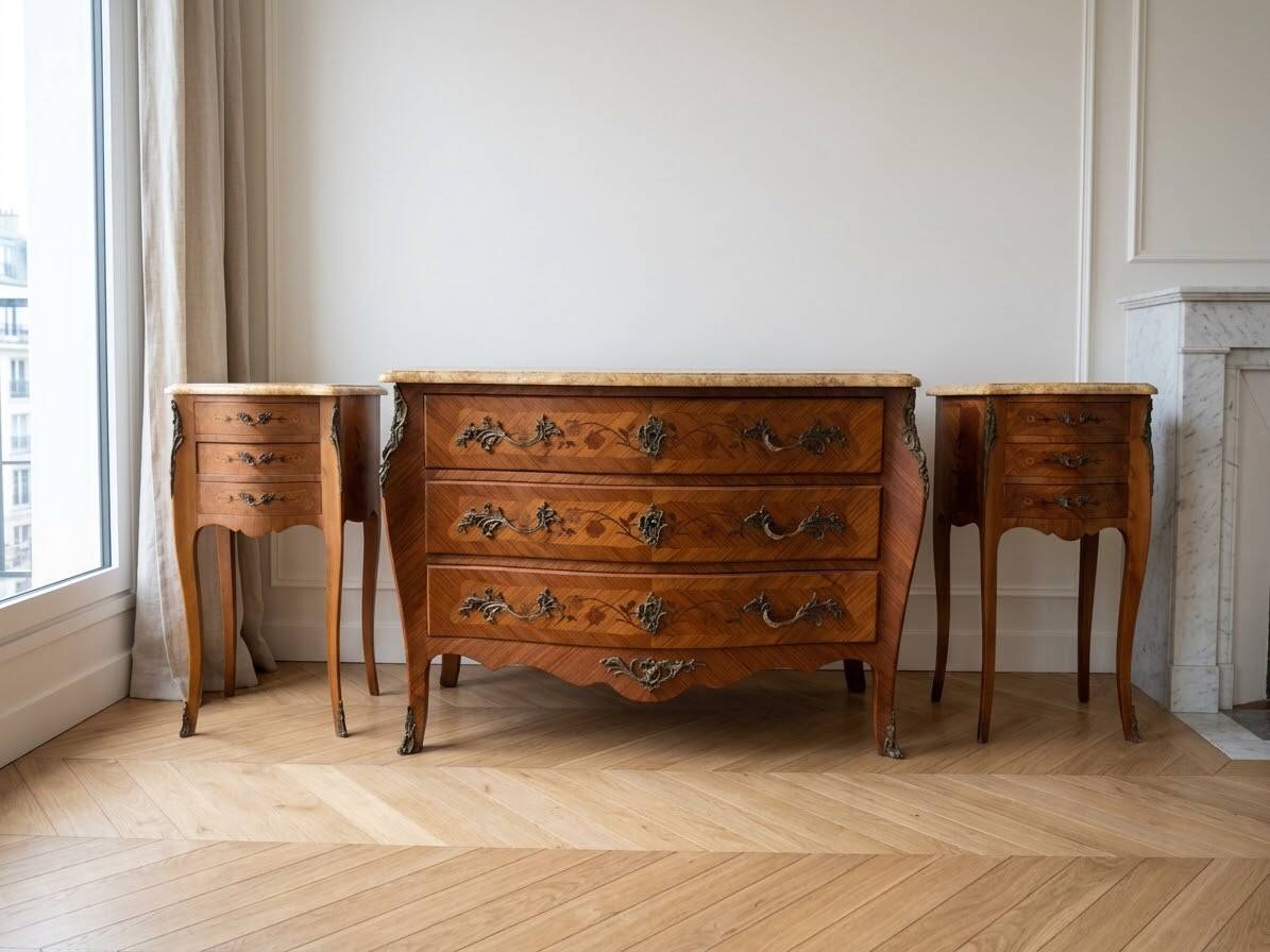 Louis XV bedside table set with marquetry and marble.