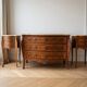Louis XV bedside table set with marquetry and marble.