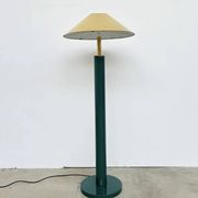 Lacquered metal floor lamp in green with a golden shade — Coolie shape — 1970s-80s