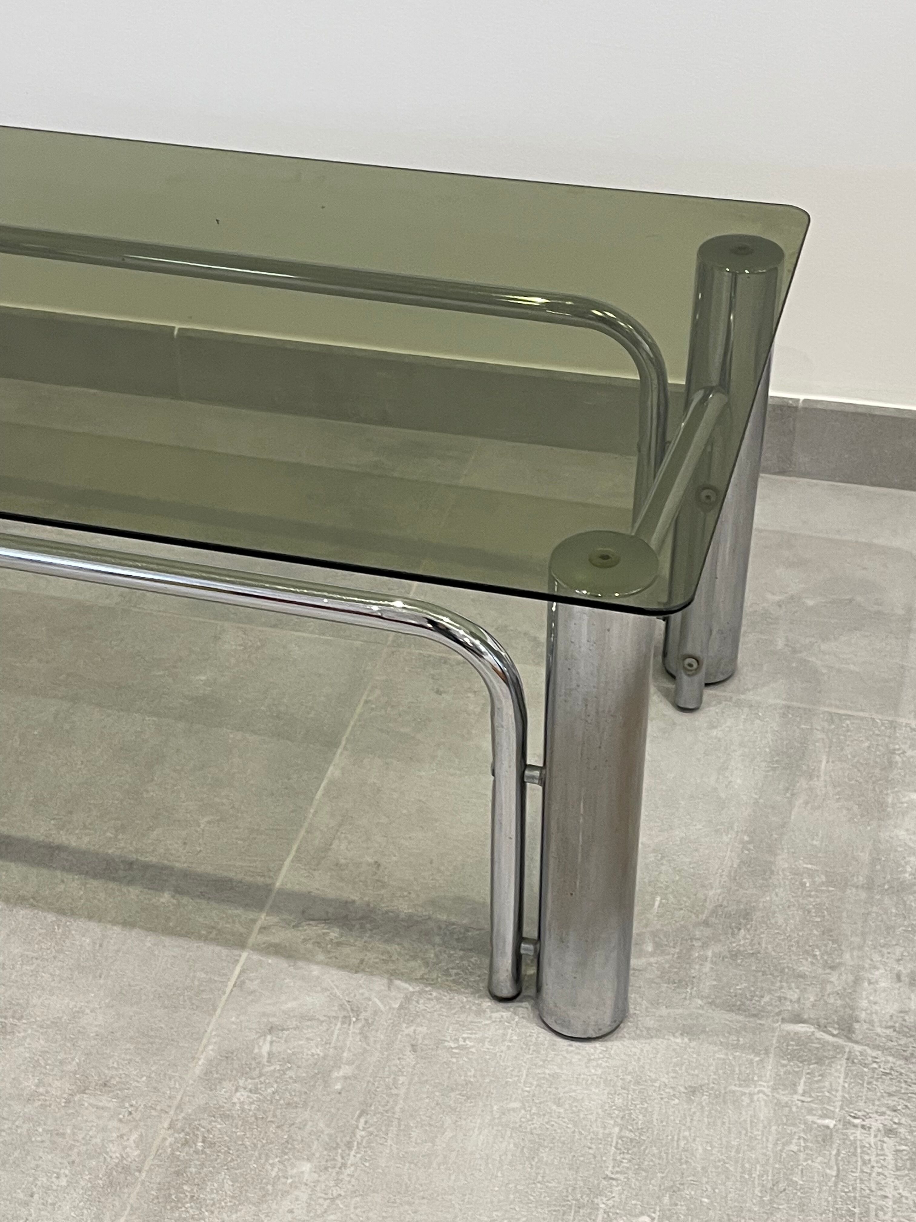 Table basse inox et verre fumé design 1970/80