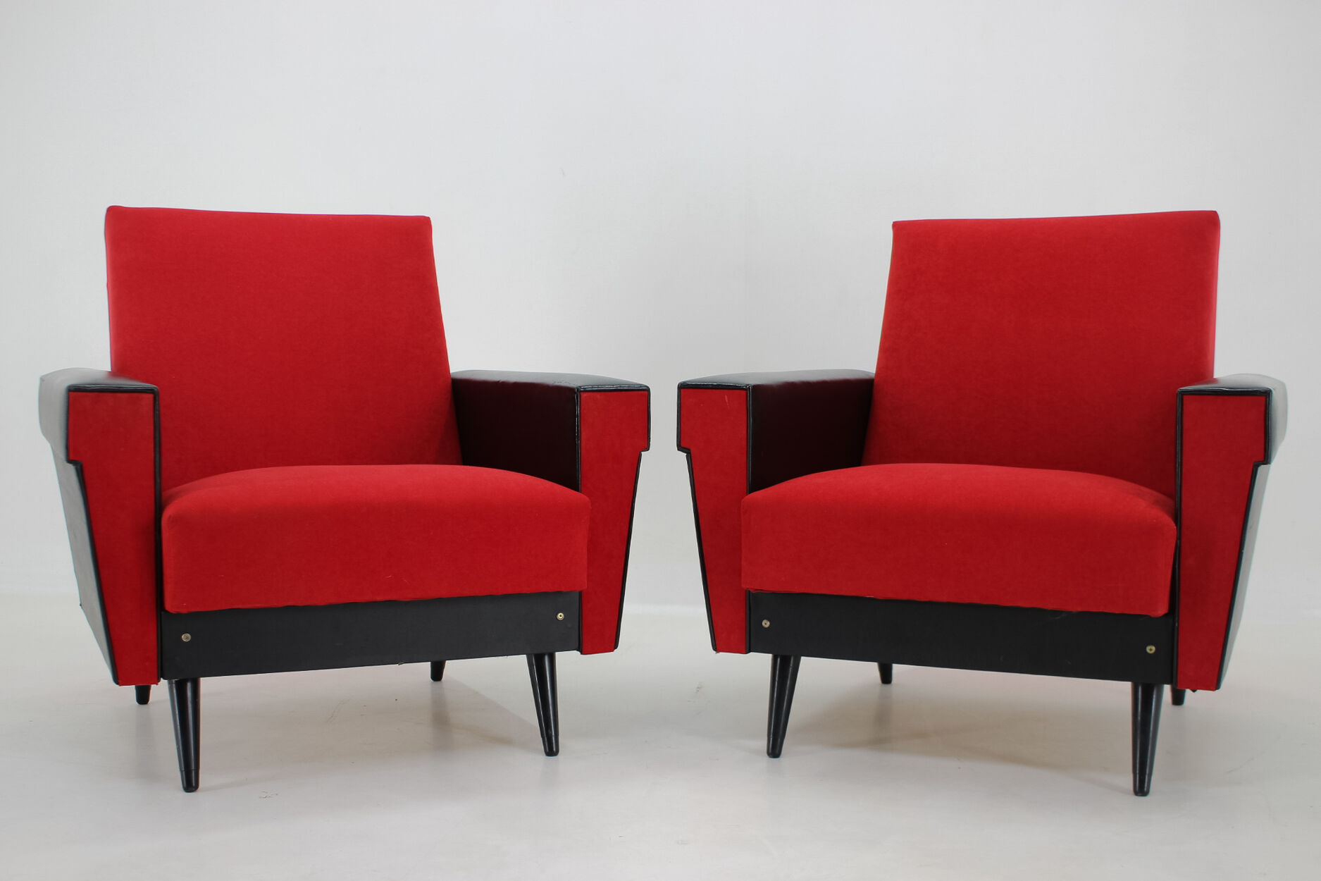 1970's pair of leatherette and red fabric armchairs, Czechoslovakia