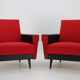 1970's pair of leatherette and red fabric armchairs, Czechoslovakia