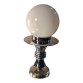 Table lamp with chrome base and white opaline globe