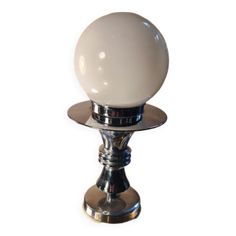 Space age mid-century vintage 1970s side table lamp with chrome base and white opaline globe