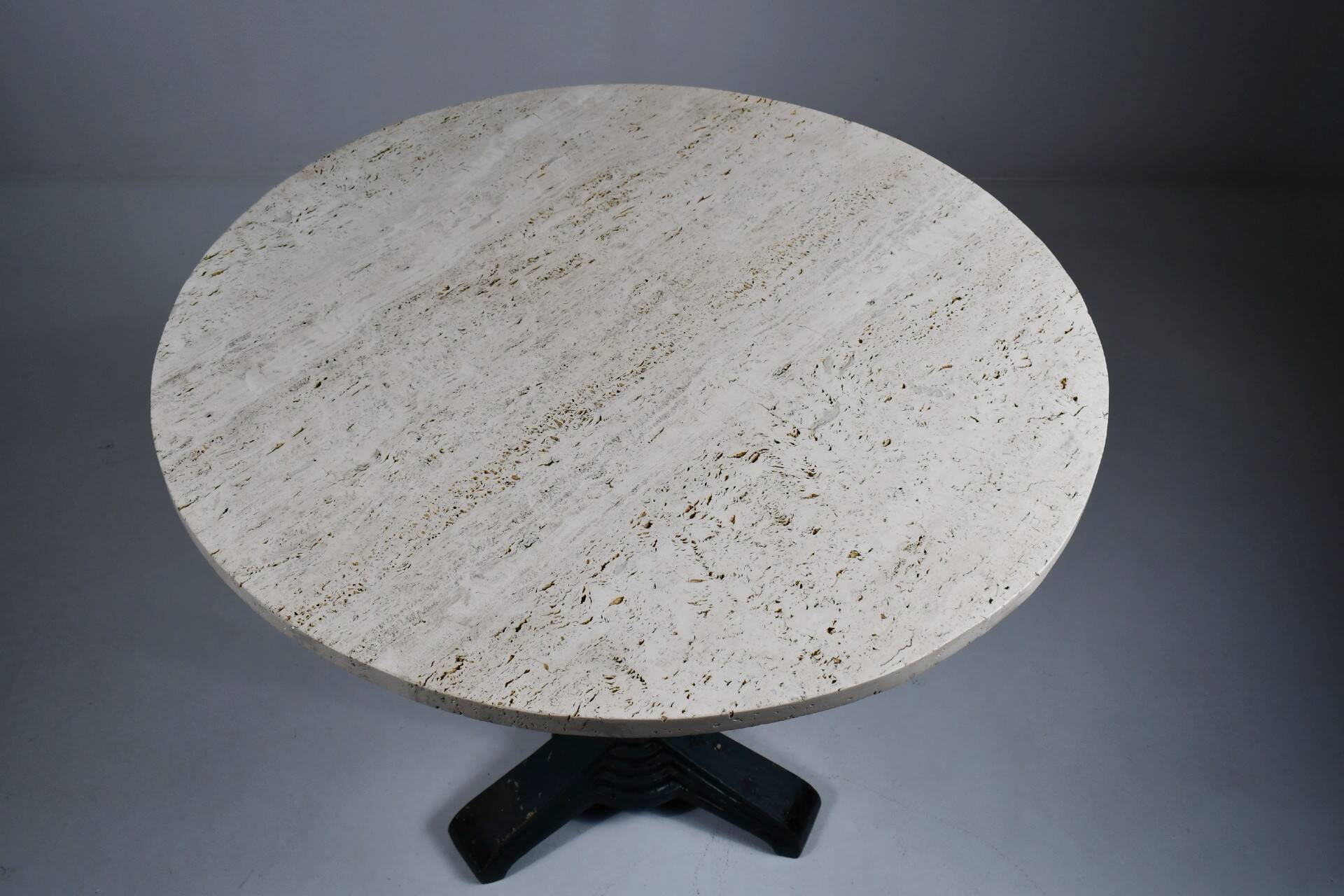 Vintage travertine bistro/dining table with metal base. (B)