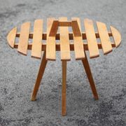 Vintage coffee table, wooden table with central handle, interior decoration, terrace, patio