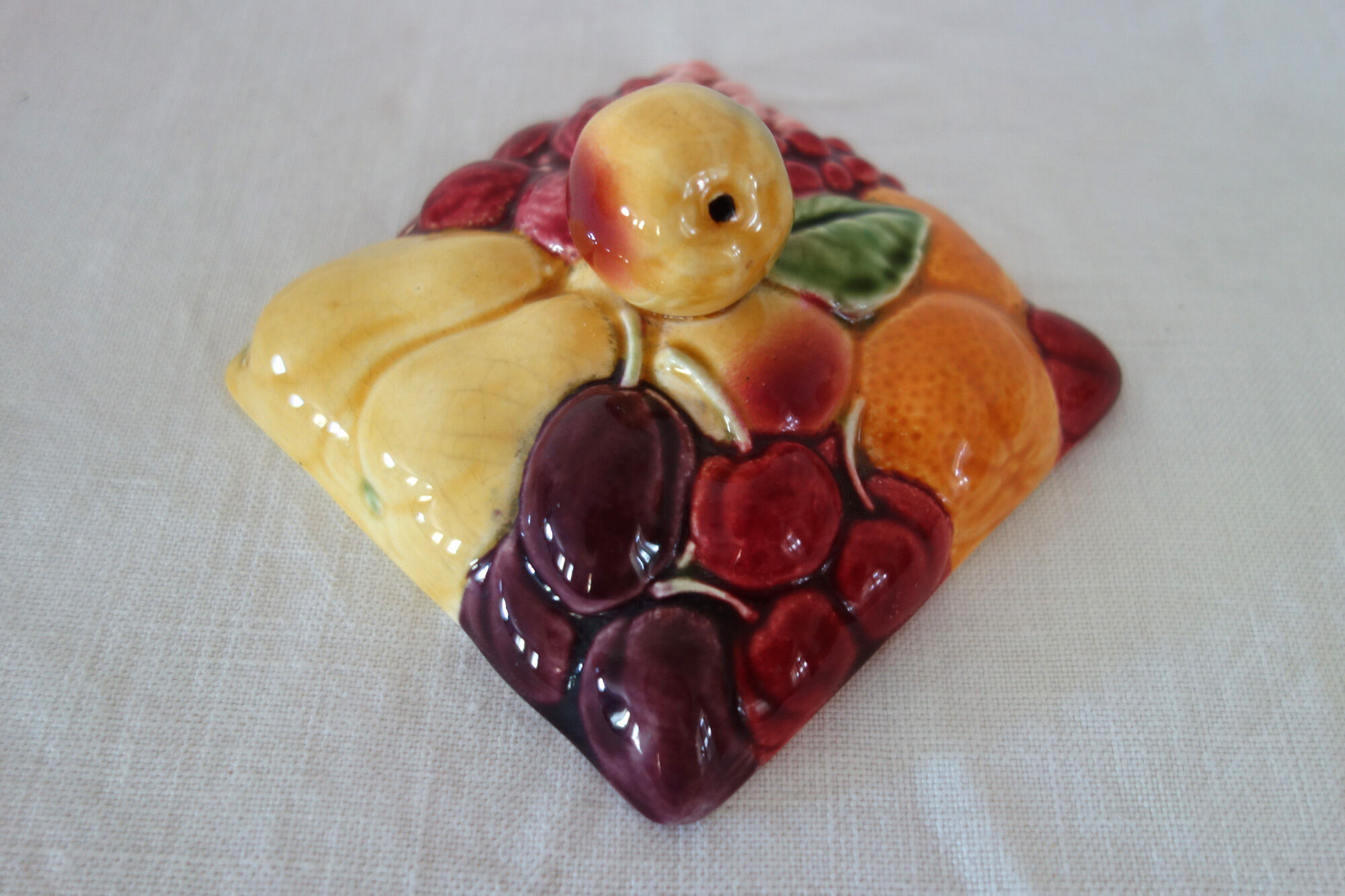 Old sweet jar / fruit basket, square shape, in Sarreguemines ceramic.