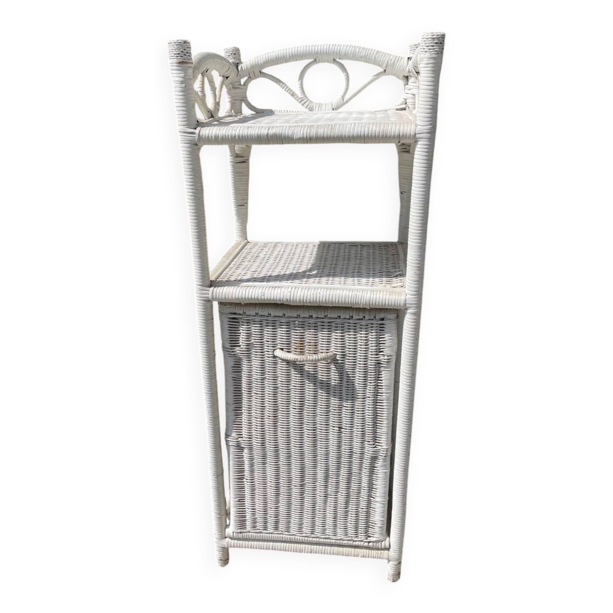 Small white wicker bathroom shelf