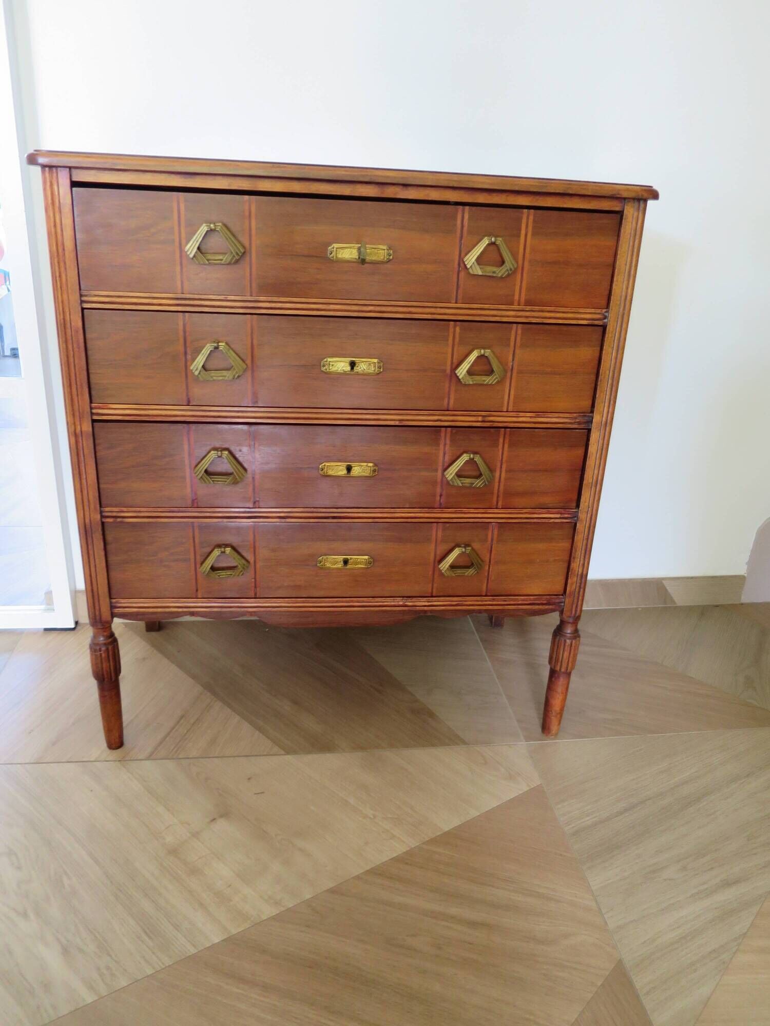Art Deco chest of drawers - 4 drawers - locks - checkered wood veneer top - 50s