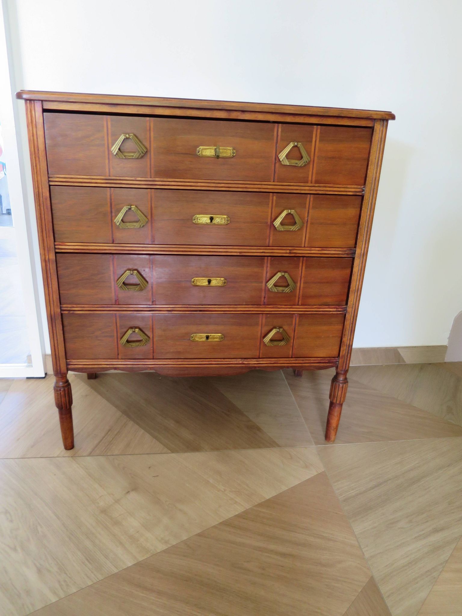 Art Deco chest of drawers - 4 drawers - locks - checkered wood veneer top - 50s