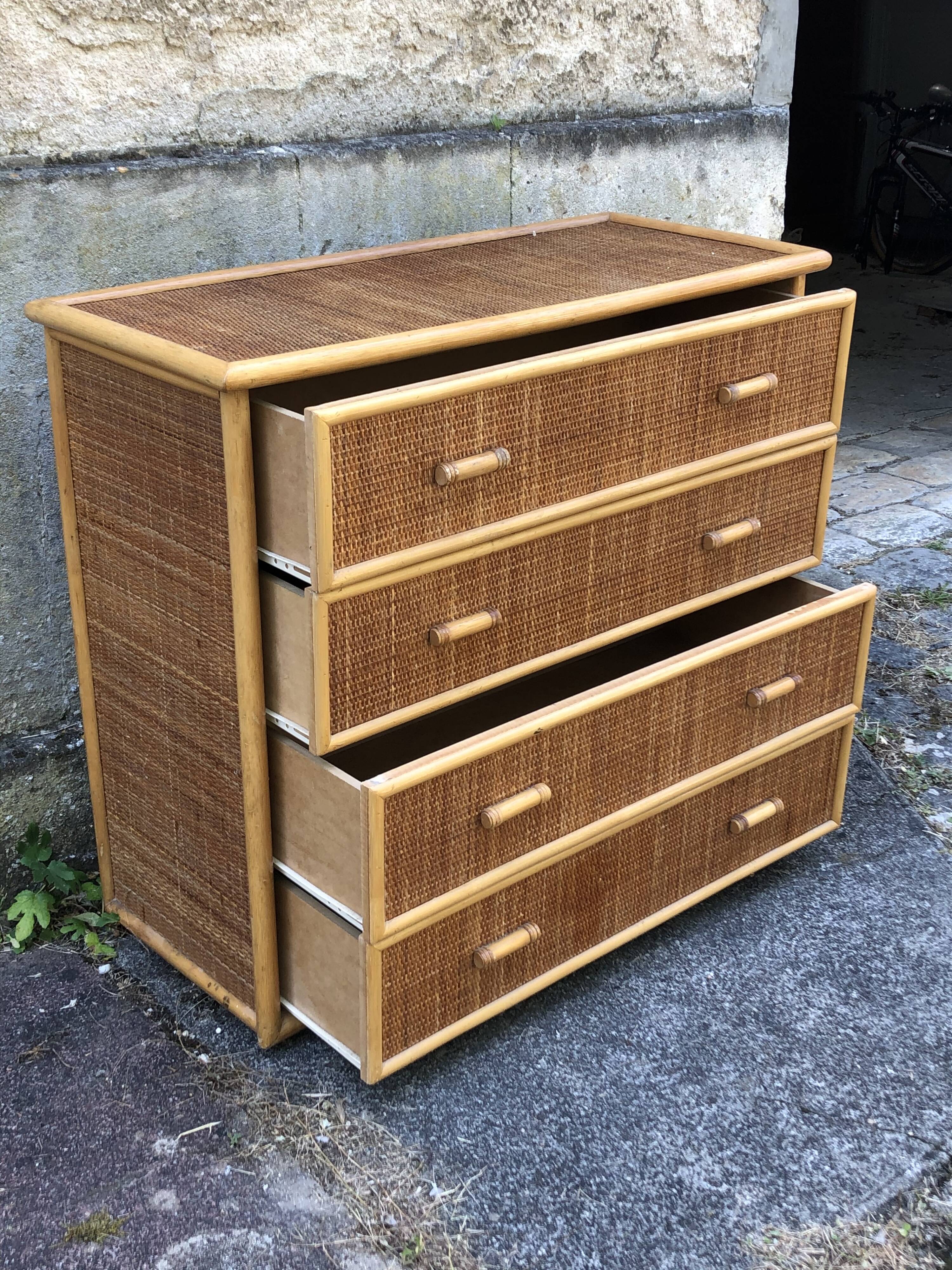 Dresser in wicker and bamboo, wooden structure