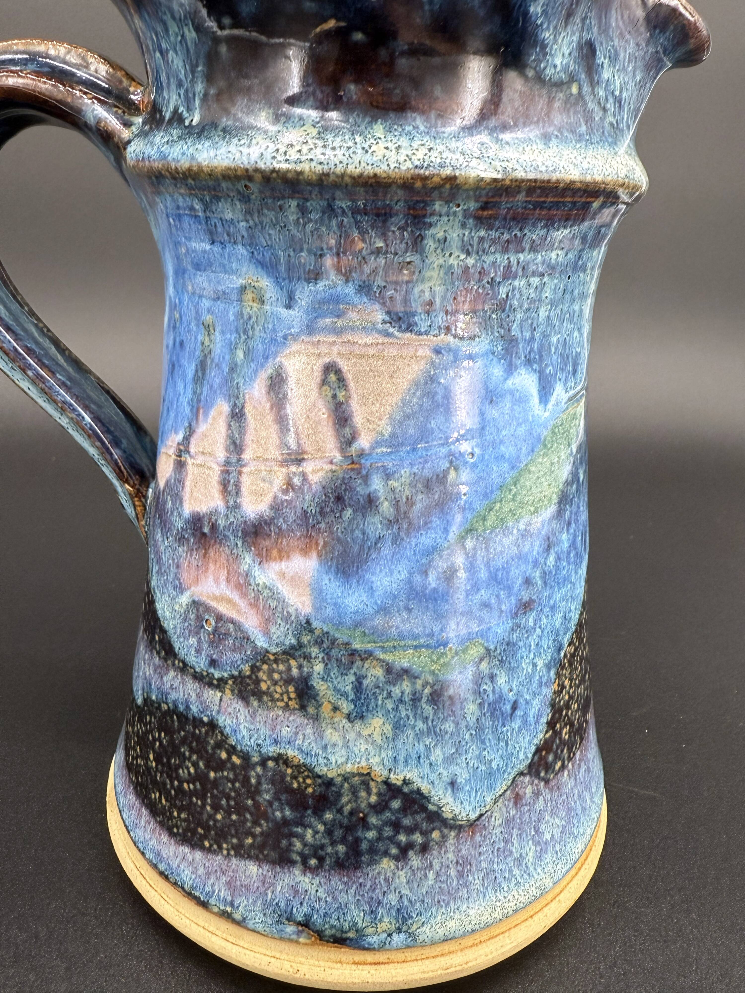 Blue foam glazed stoneware pitcher—Signed art ceramic
