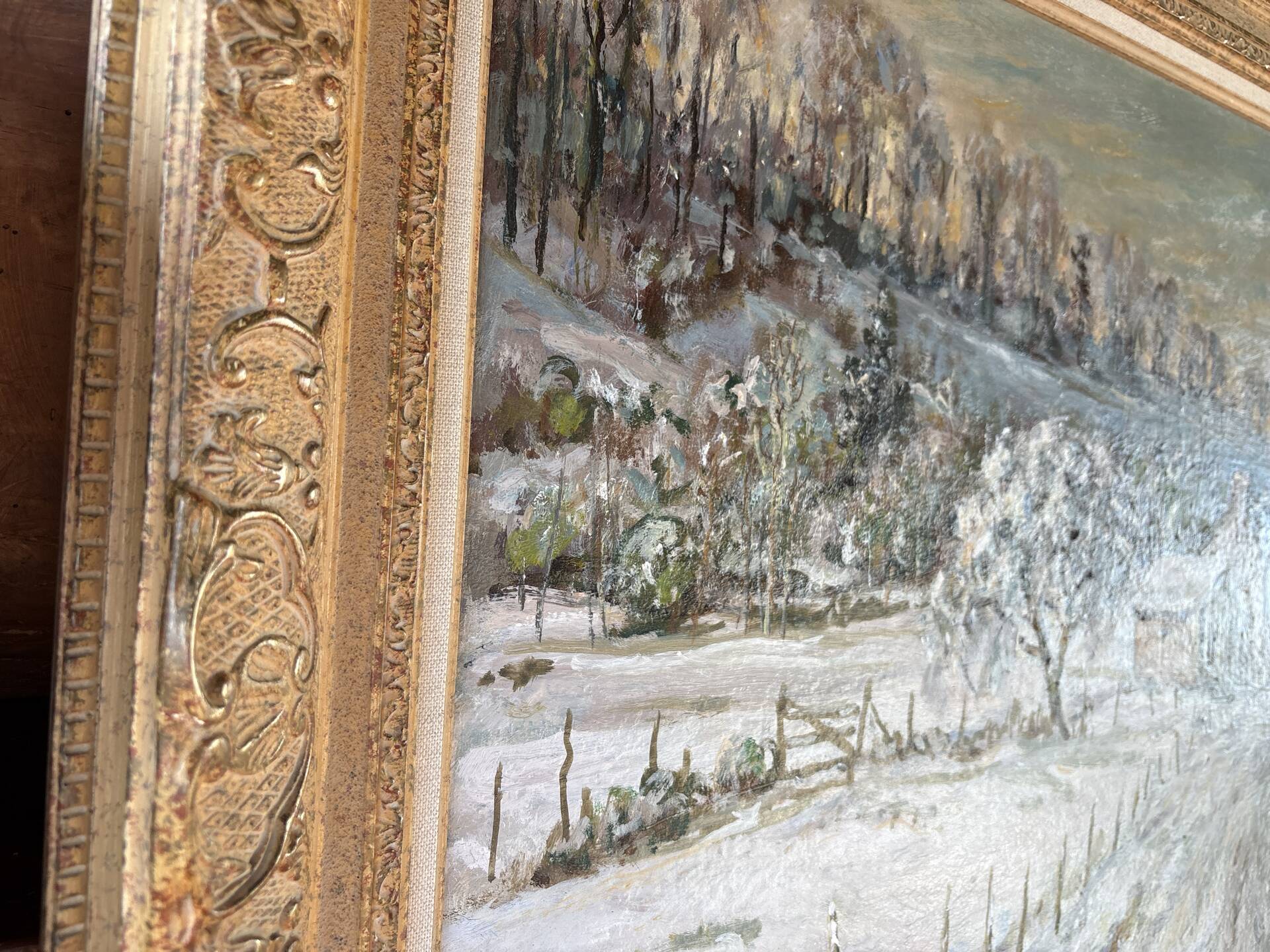 Large oil on canvas signed by Victor Zolnierowicz – Snowy landscape in