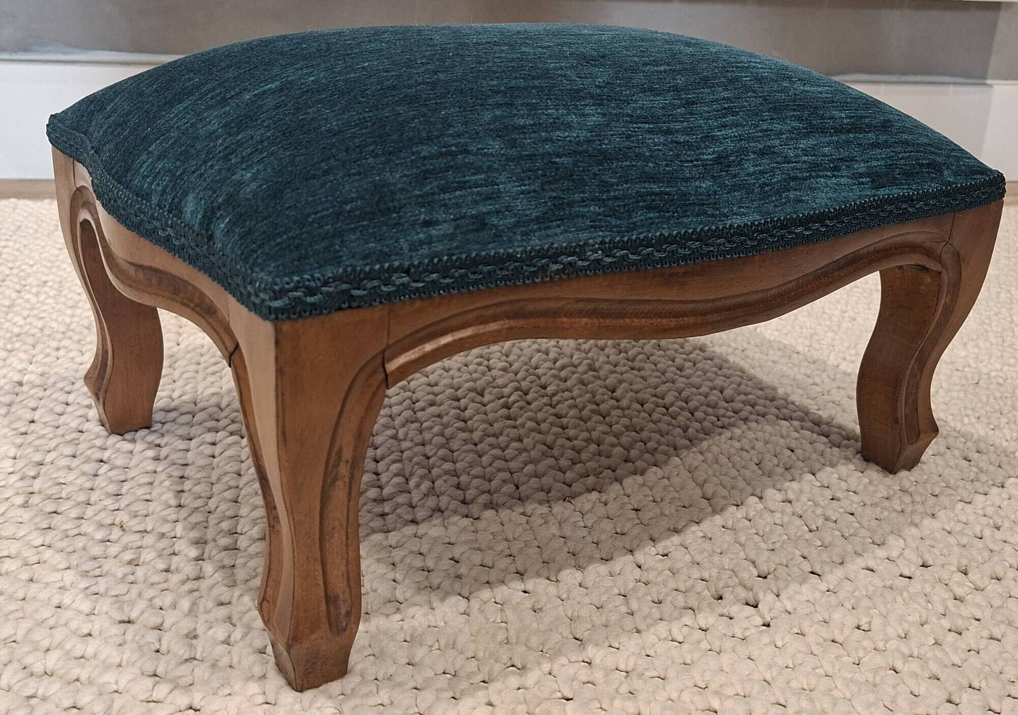 Louis XV footrest – duck blue velvet – fully reupholstered