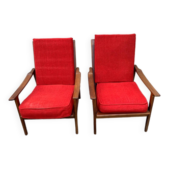 Pair of 70's Scandinavian style teak armchairs