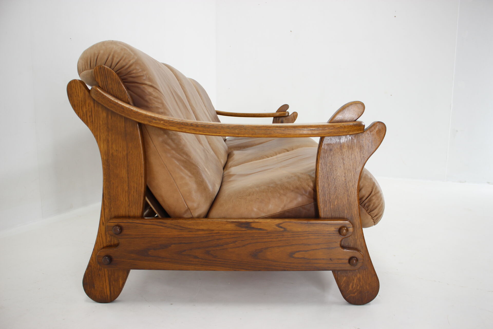 1970s Brutalist Dutch Oak and Leather 3 Seater Sofa