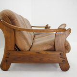 1970s Brutalist Dutch Oak and Leather 3 Seater Sofa