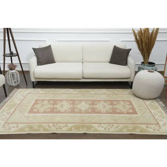 1970s Vintage Turkish Oushak Handmade Wool Cotton Beige Area Rug 153x260