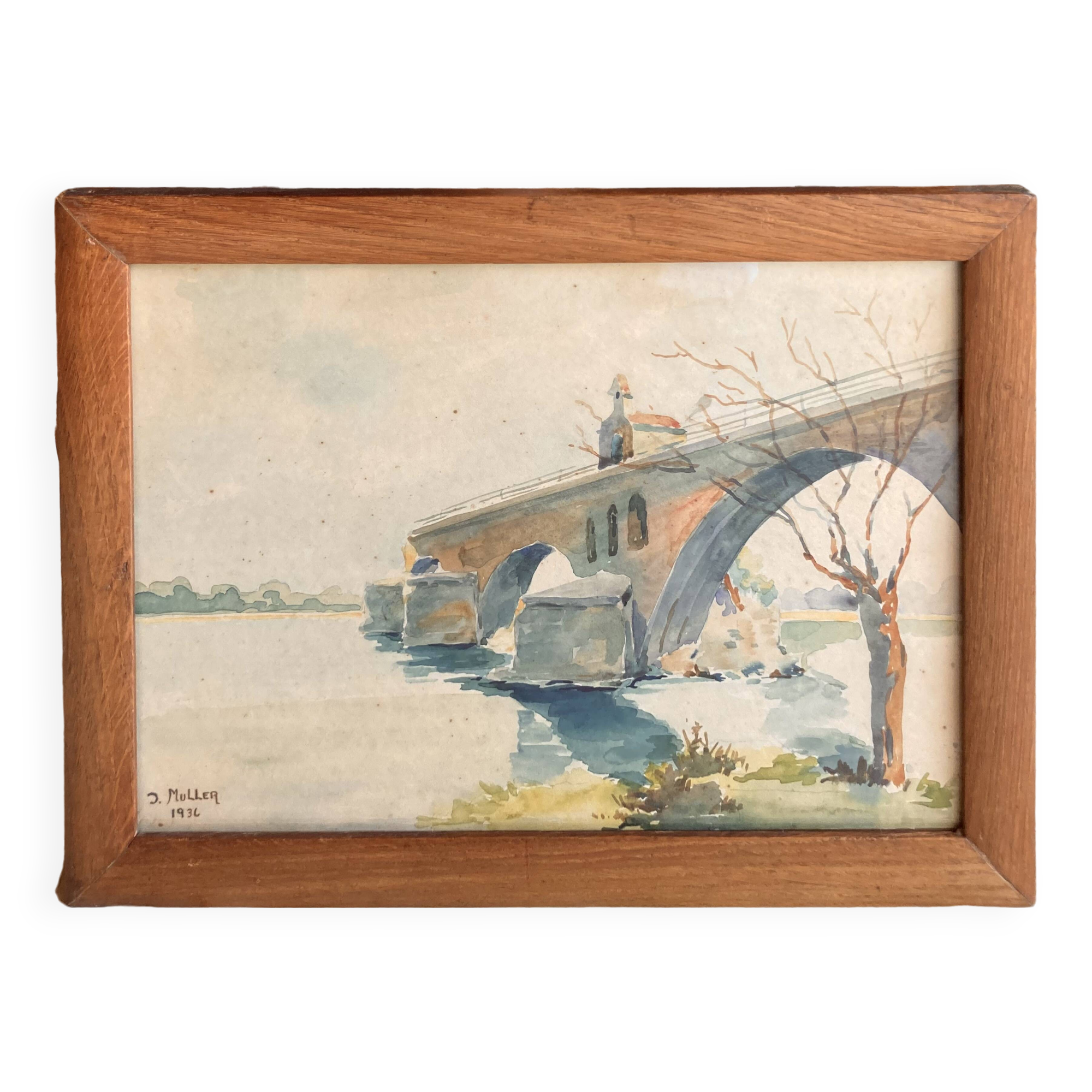 Watercolor landscape by J. Muller: the Saint-Nicolas Chapel of the Saint-Bénézet bridge in Avignon 1936