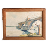 Watercolor landscape by J. Muller: the Saint-Nicolas Chapel of the Saint-Bénézet bridge in Avignon 1936