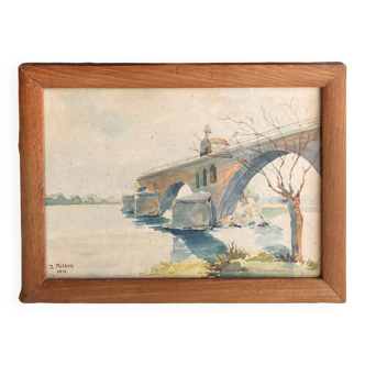 Watercolor landscape by J. Muller: the Saint-Nicolas Chapel of the Saint-Bénézet bridge in Avignon 1936